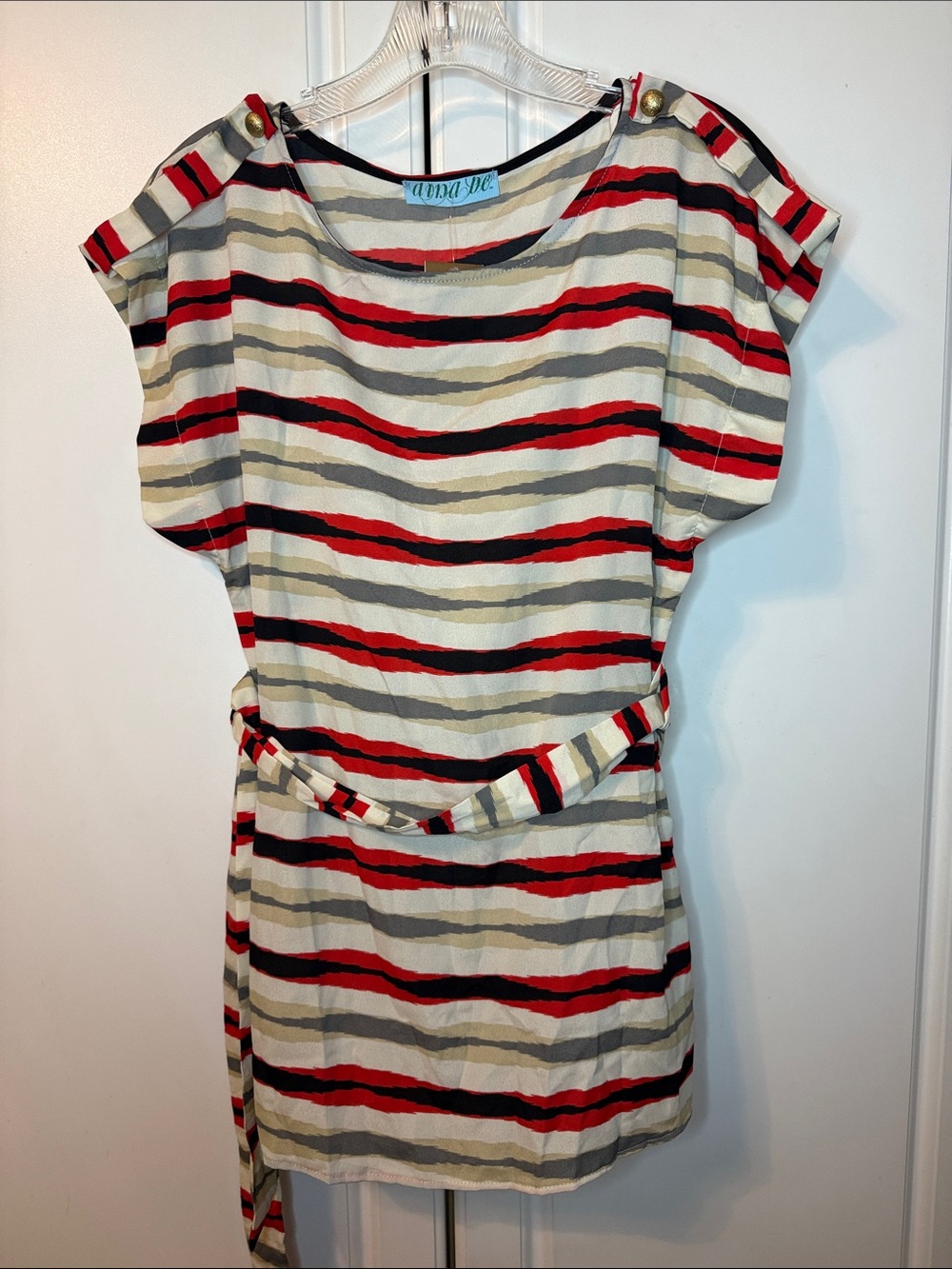 Red Black & Cream Striped Belted Shirt Tunic Francesca’s Collections NWT Small